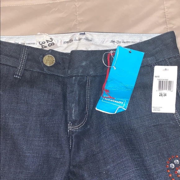 Dark denim jeans with orange and white rhinestones - Picture 3 of 4